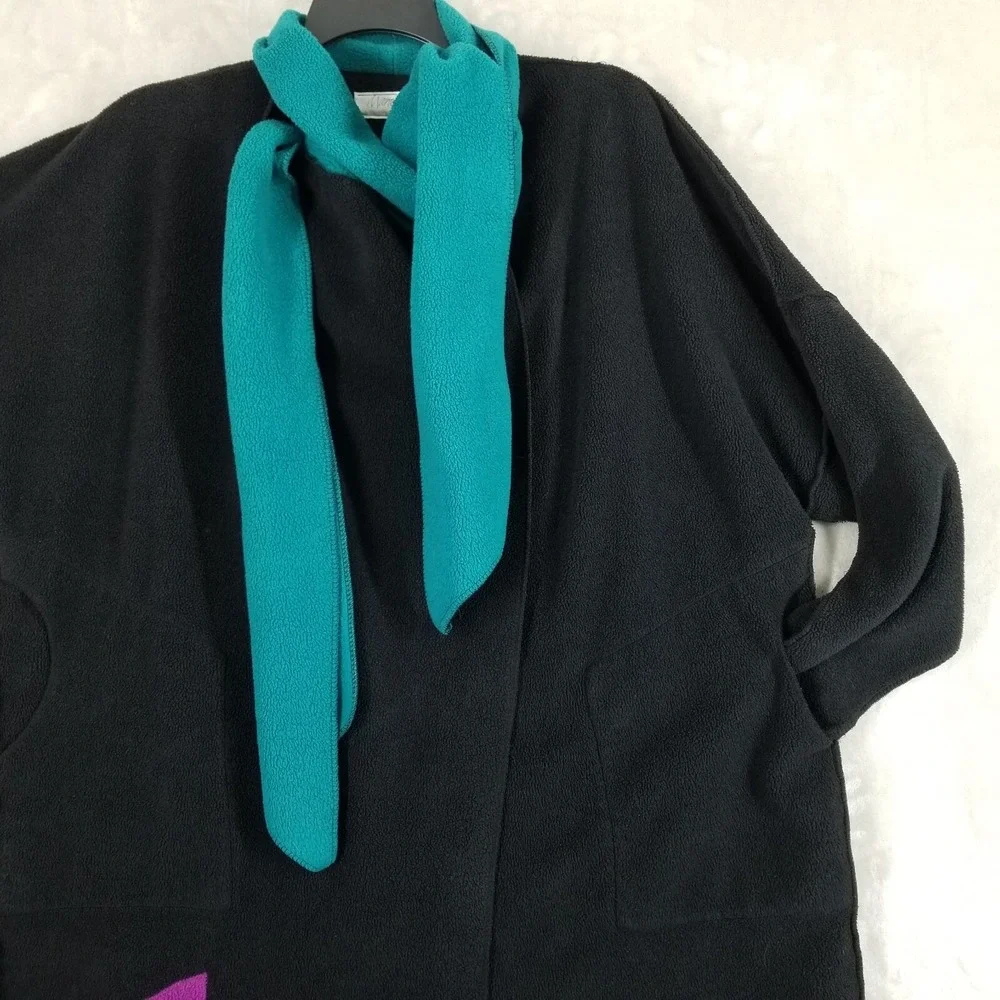Vtg‎ Maralyce Ferree Jacket Women Black Fleece Cats Scarf Fiber Art Eclectic USA